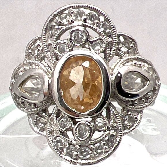 Marks: FAS 925 CZ Jewelry - Sterling Silver Ring CZs Champaign & Clear Bezel Set Intricate Cluster Design